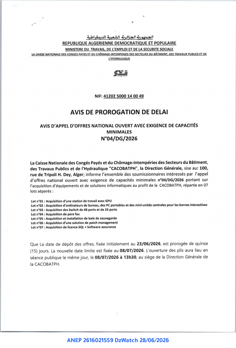 AVIS DE PROROGATION DE DELAI