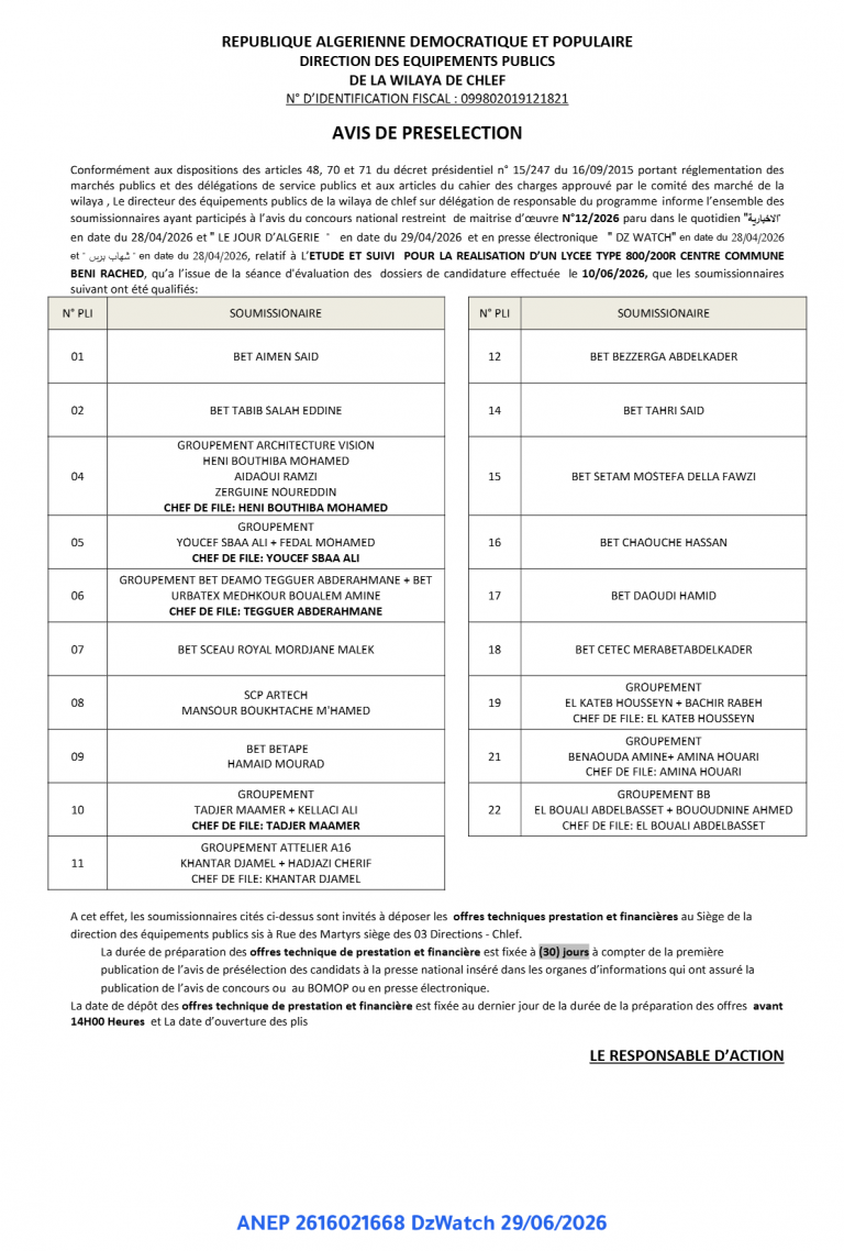 AVIS DE PRESELECTION