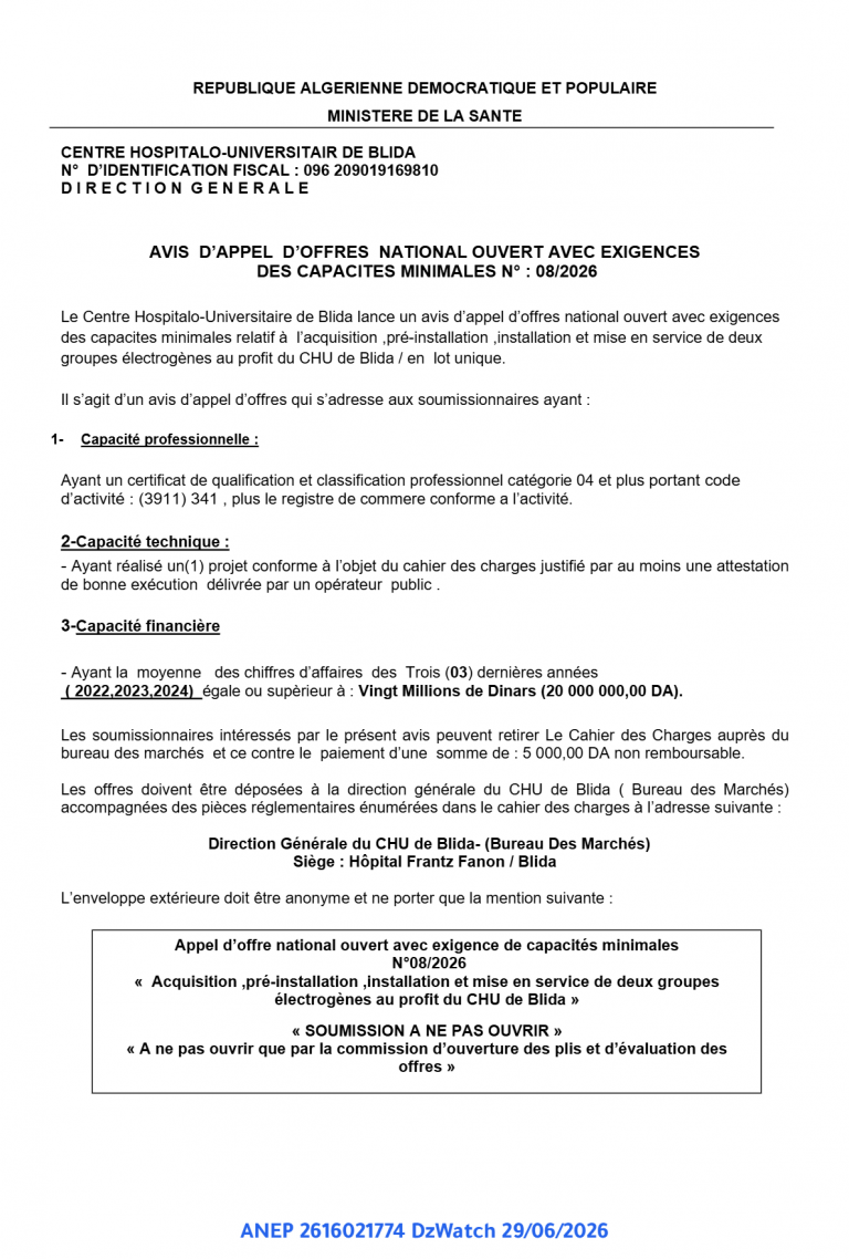 AVIS D’APPEL D’OFFRES NATIONAL OUVERT AVEC EXIGENCES DES CAPACITES MINIMALES