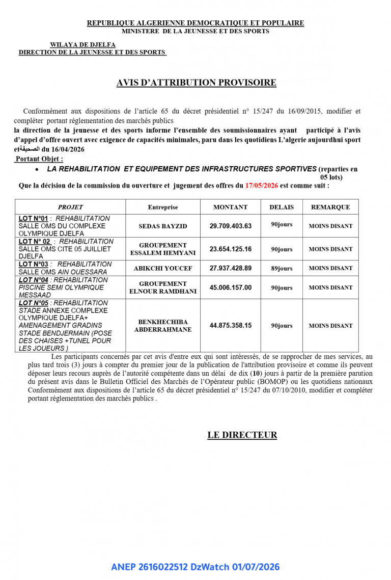 AVIS D’ATTRIBUTION PROVISOIRE