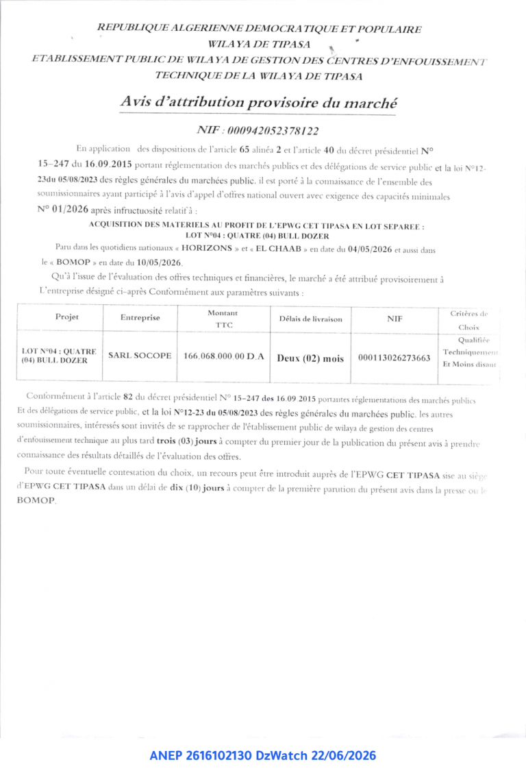 Avis d’attribution provisoire du marché