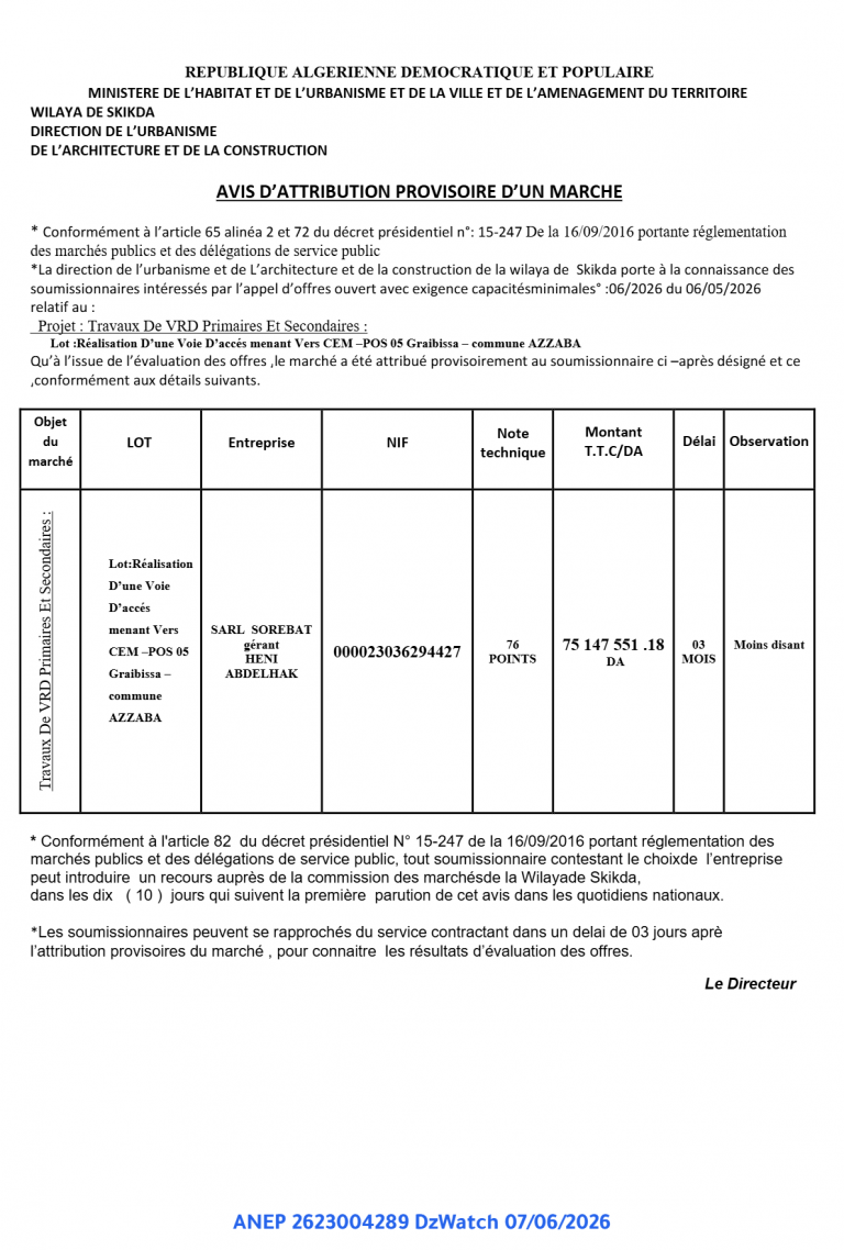 AVIS D’ATTRIBUTION PROVISOIRE D’UN MARCHE