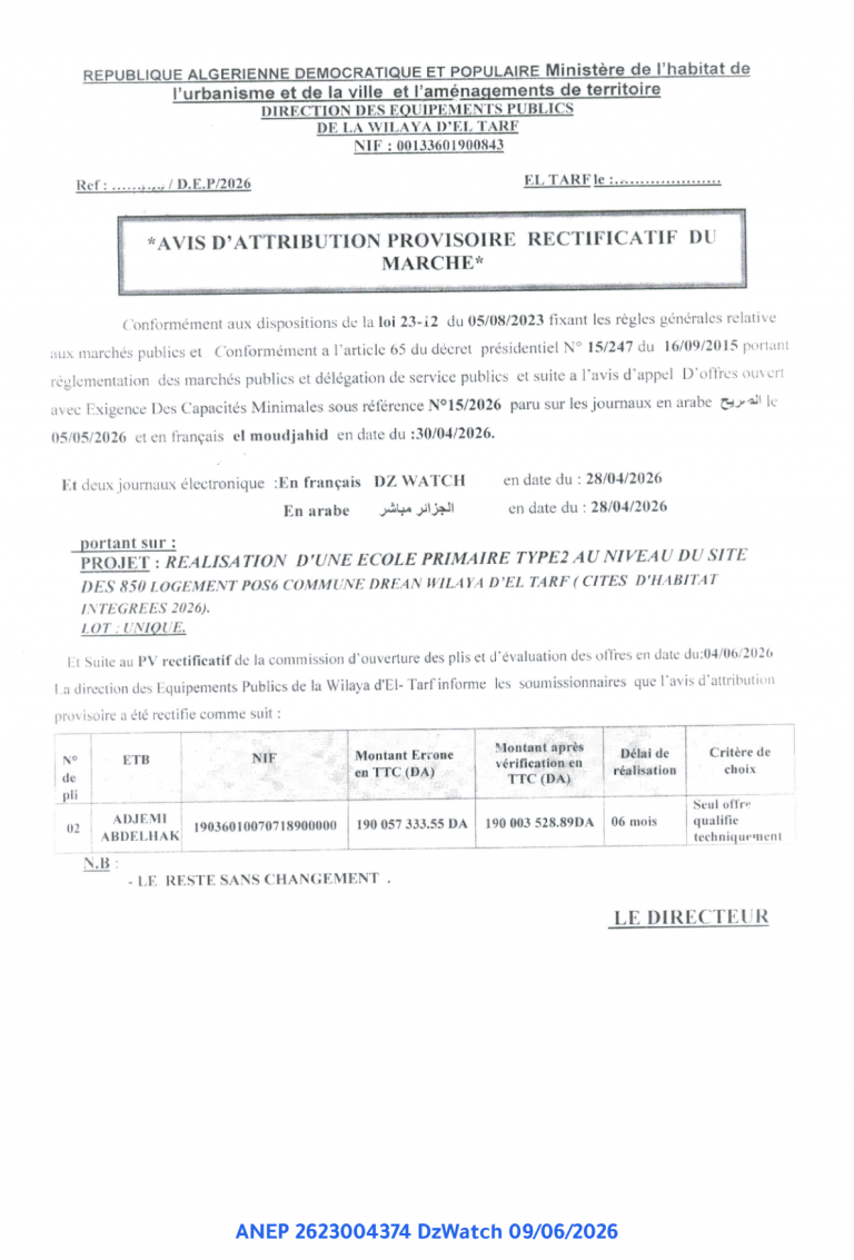 AVIS D’ATTRIBUTION PROVISOIRE RECTIFICATIF DU MARCHE