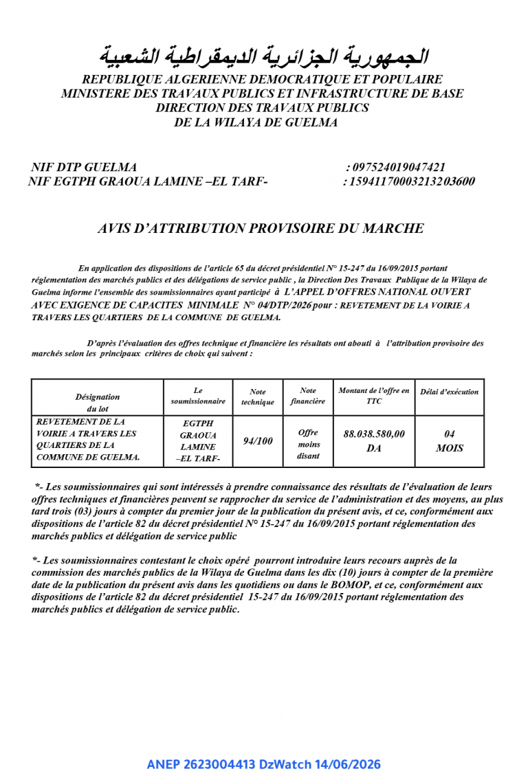 AVIS D’ATTRIBUTION PROVISOIRE DU MARCHE