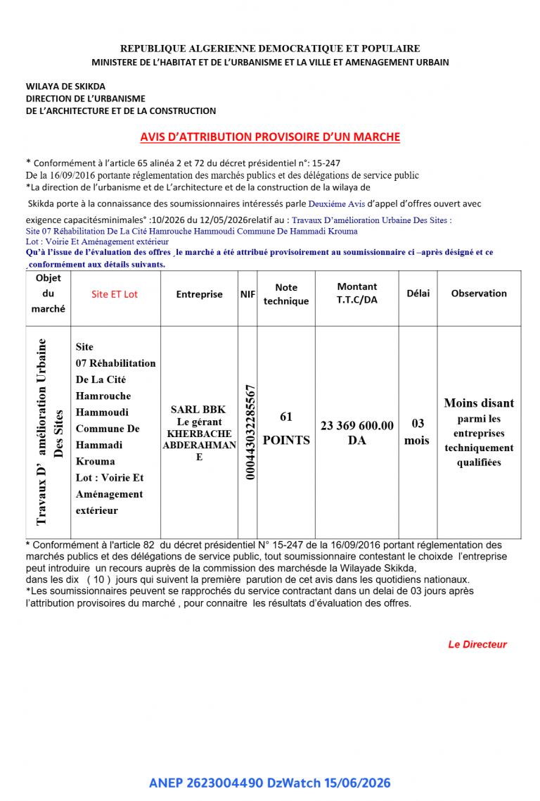AVIS D’ATTRIBUTION PROVISOIRE D’UN MARCHE