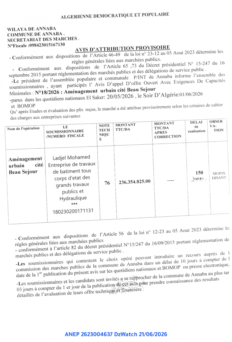AVIS D’ATTRIBUTION PROVISOIRE