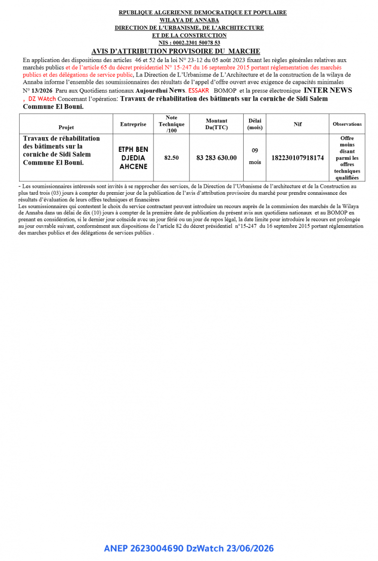AVIS D’ATTRIBUTION PROVISOIRE DU MARCHE
