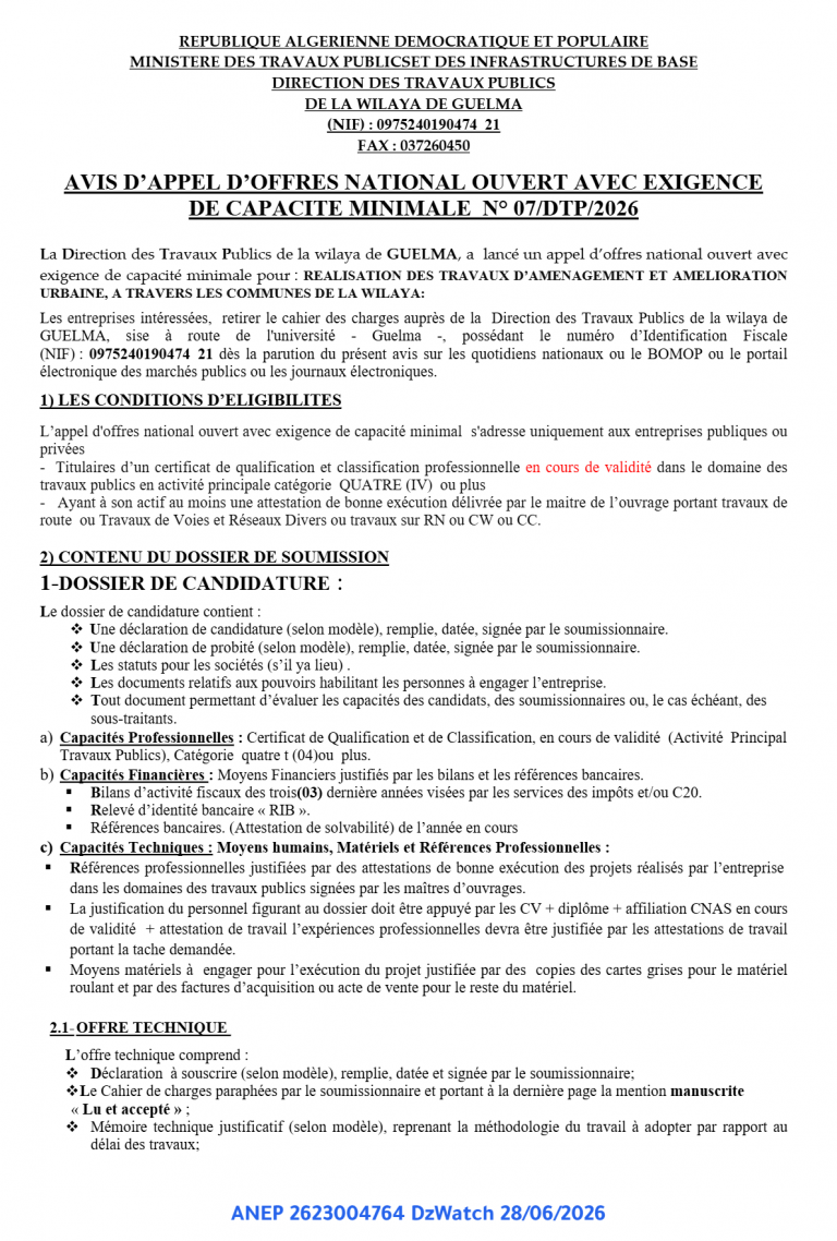 AVIS D’APPEL D’OFFRES NATIONAL OUVERT AVEC EXIGENCE DE CAPACITE MINIMALE