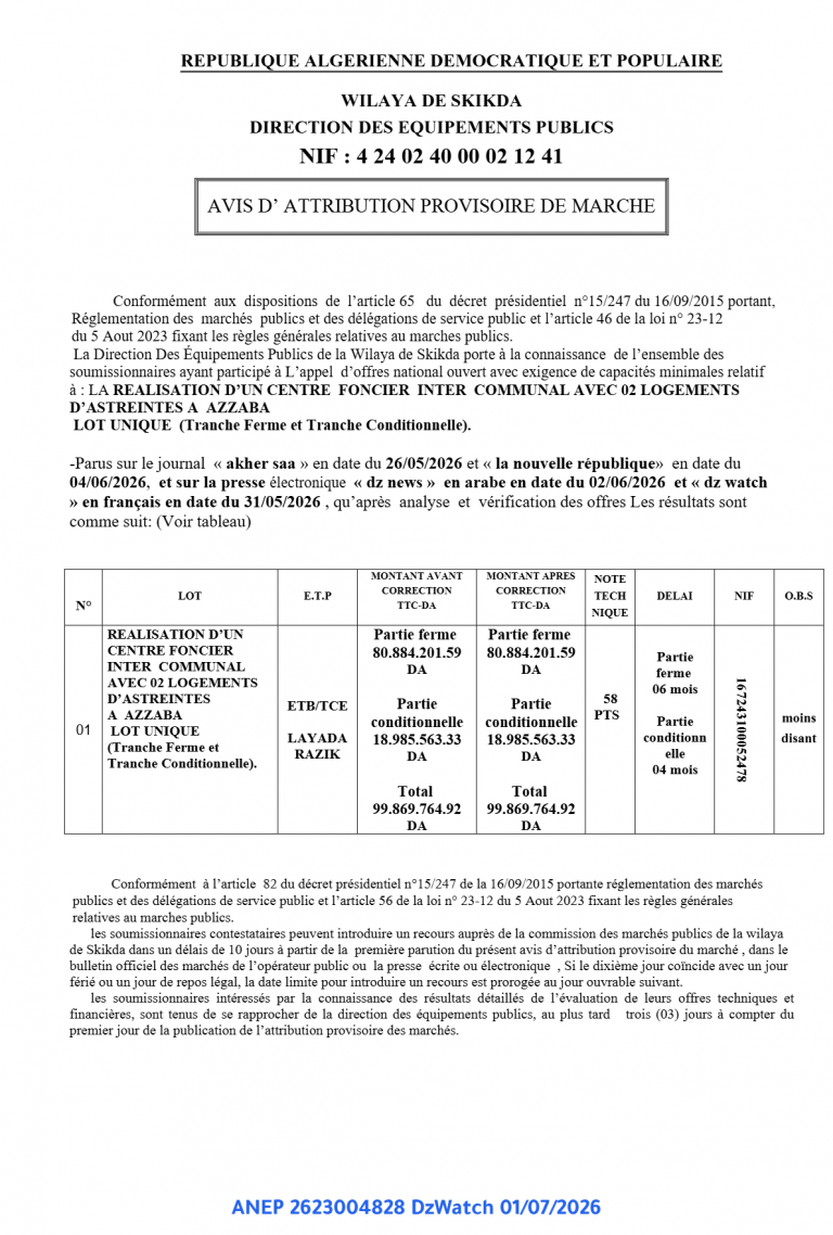 AVIS D’ ATTRIBUTION PROVISOIRE DE MARCHE
