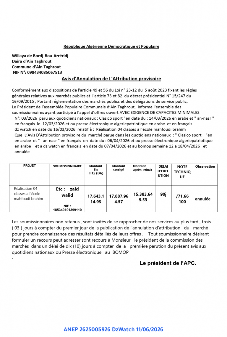 Avis d’Annulation de L’Attribution provisoire