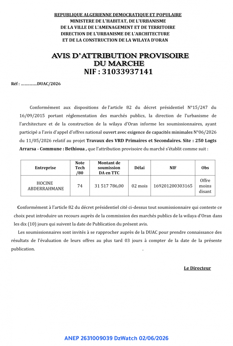 AVIS D’ATTRIBUTION PROVISOIRE DU MARCHE