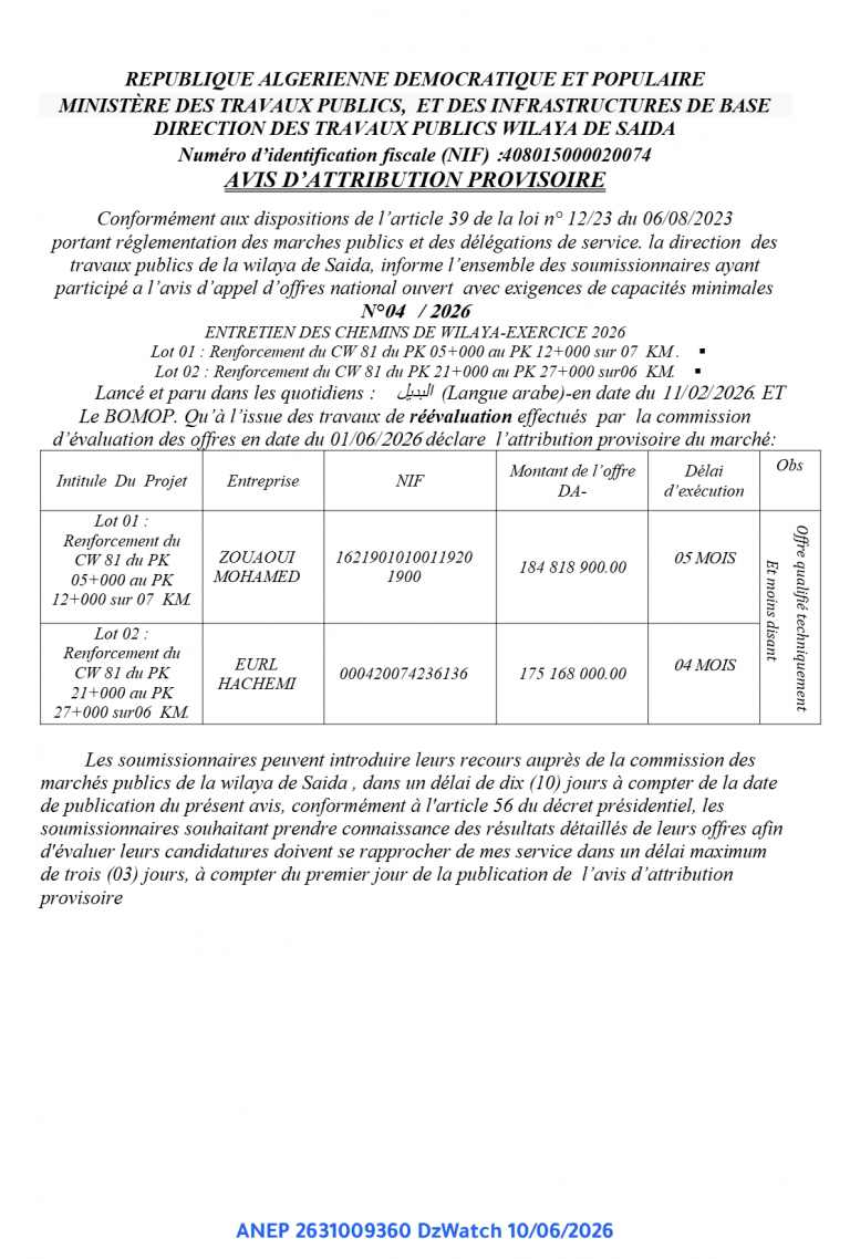 AVIS D’ATTRIBUTION PROVISOIRE