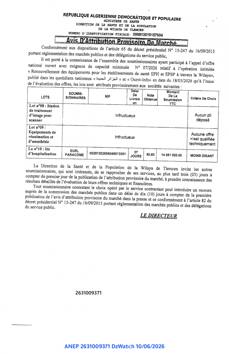 Avis D’Attribution Provisoire De Marché