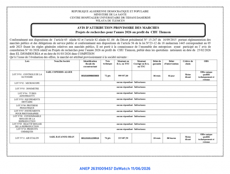 AVIS D’ATTRIBUTION PROVISOIRE DES MARCHES