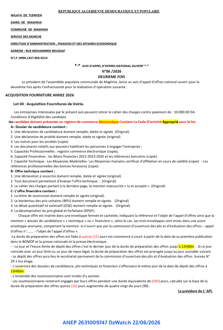 AVIS D’APPEL D’OFFRES NATIONAL OUVERT