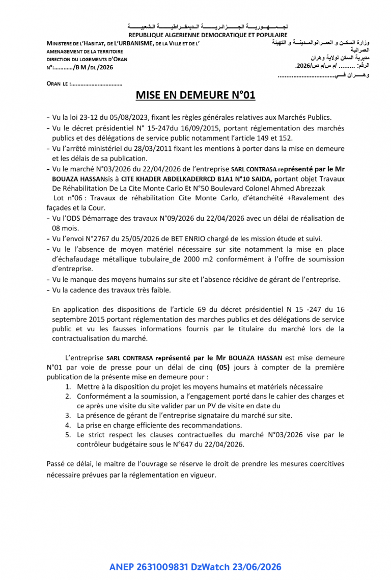 MISE EN DEMEURE N°01