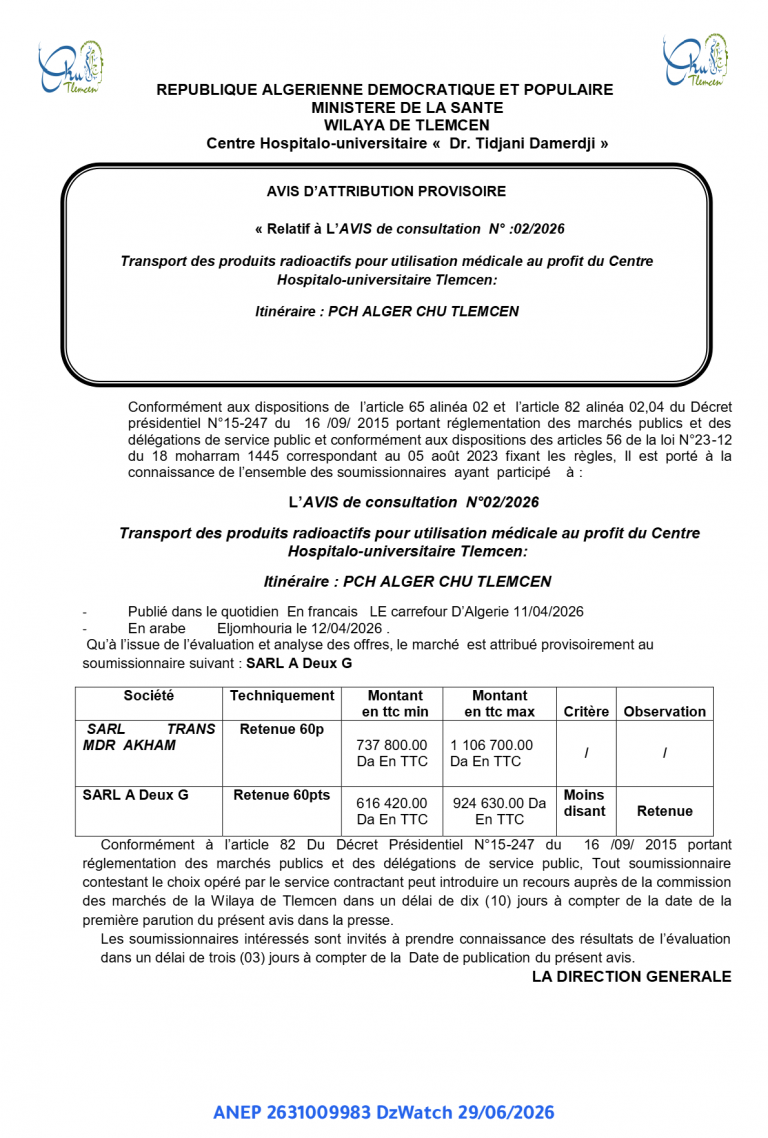 AVIS D’ATTRIBUTION PROVISOIRE