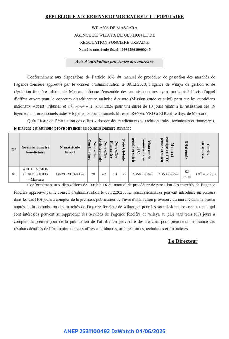 Avis d’attribution provisoire des marchés
