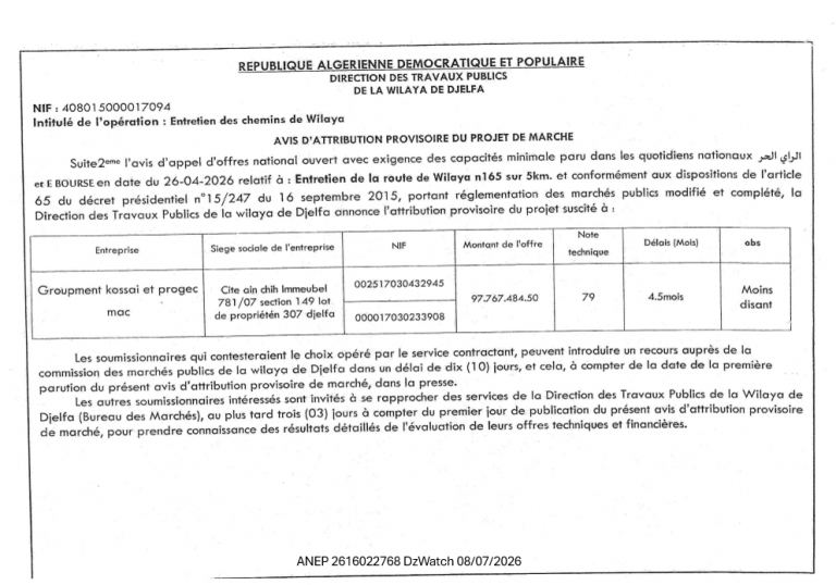 AVIS D’ATTRIBUTION PROVISOIRE DU PROJET DE MARCHE