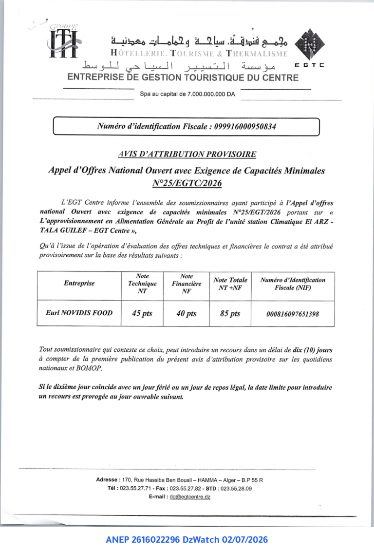 AVIS D’ATTRIBUTION PROVISOIRE