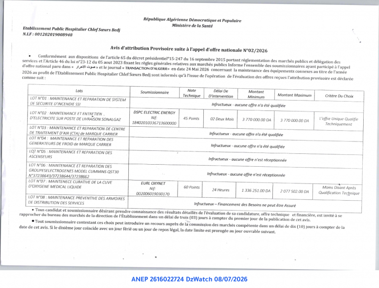 Avis d’attribution Provisoire