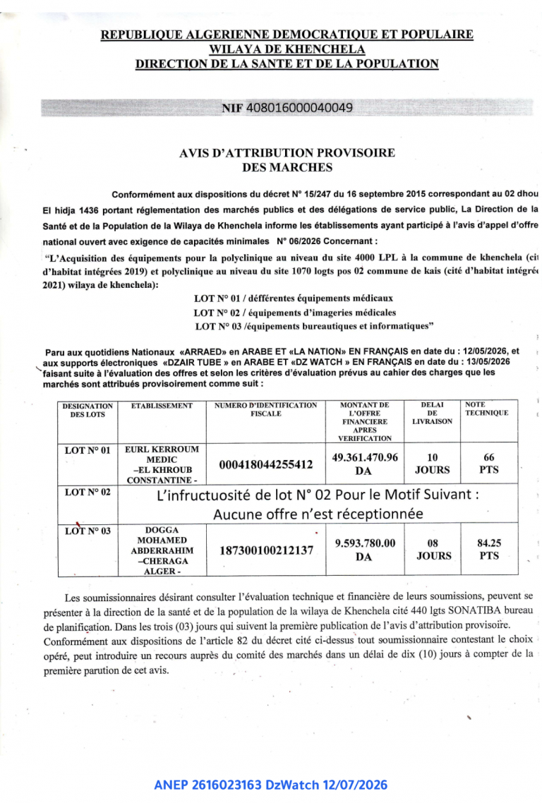 AVIS D’ATTRIBUTION PROVISOIRE DES MARCHES