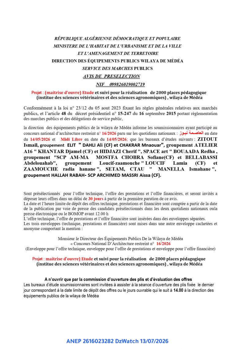 AVIS DE PRESELECTION