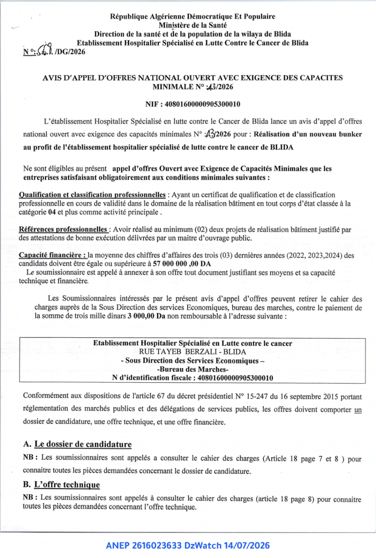 AVIS D’APPEL D’OFFRES NATIONAL OUVERT AVEC EXIGENCE DES CAPACITES MINIMALE