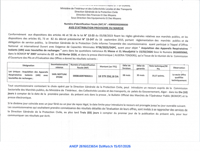 AVIS D’ATTRIBUTION PROVISOIRE DU MARCHE