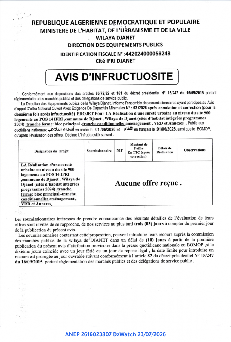AVIS D’INFRUCTUOSITE