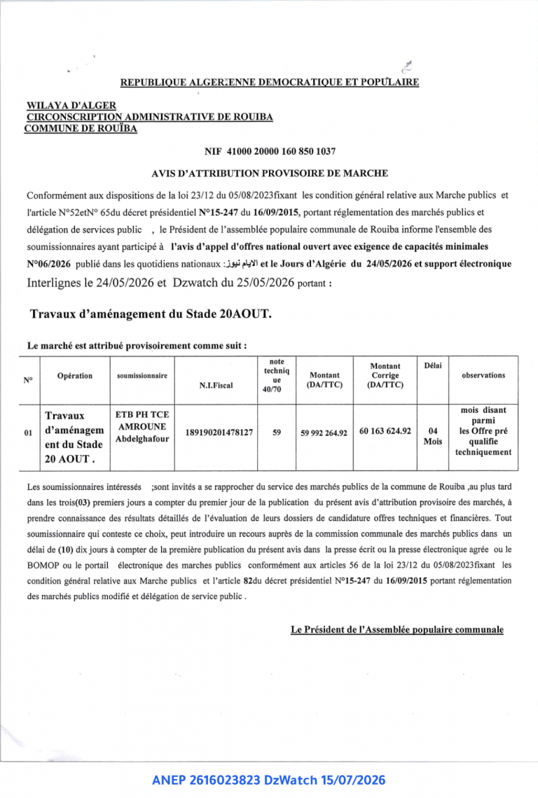 AVIS D’ATTRIBUTION PROVISOIRE DE MARCHE