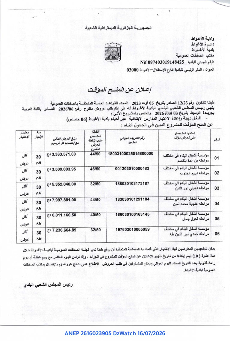 إعلان عن المنح المؤقت