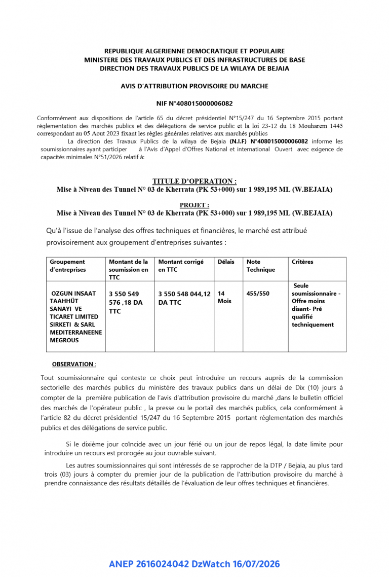 AVIS D’ATTRIBUTION PROVISOIRE DU MARCHE