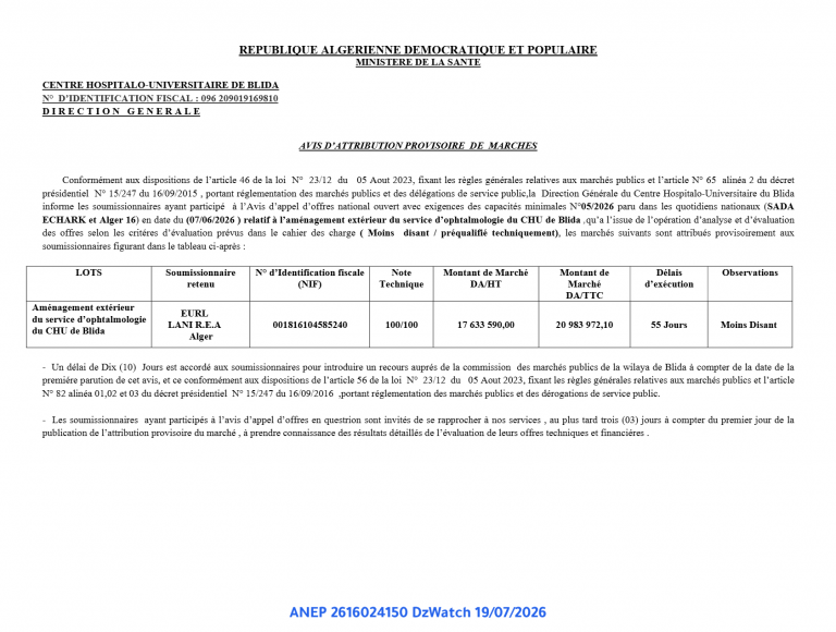 AVIS D’ATTRIBUTION PROVISOIRE DE MARCHES