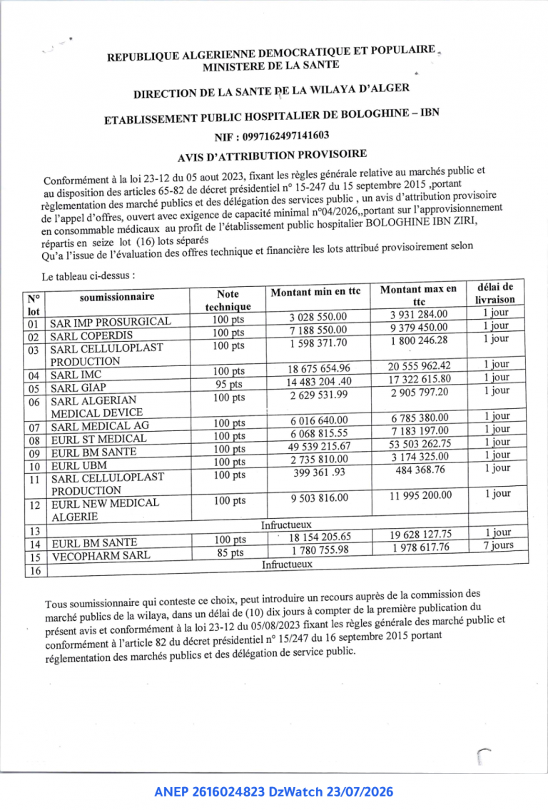 AVIS D’ATTRIBUTION PROVISOIRE