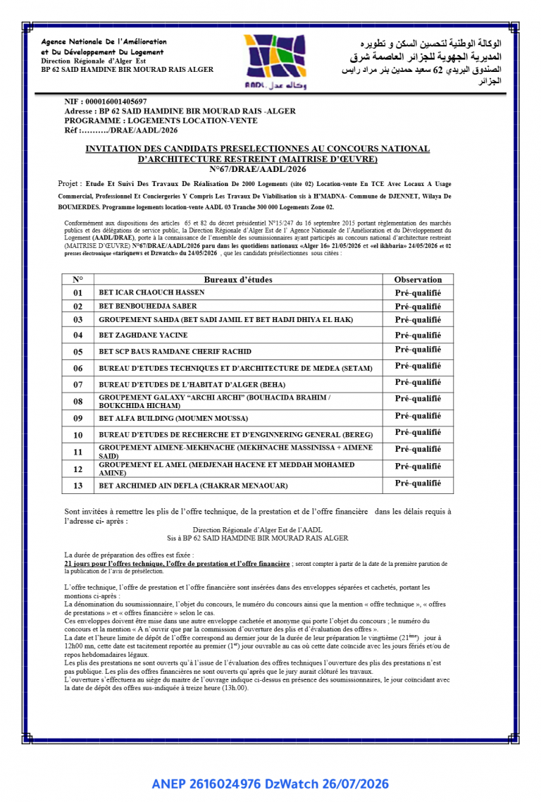 INVITATION DES CANDIDATS PRESELECTIONNES AU CONCOURS NATIONAL D’ARCHITECTURE RESTREINT (MAITRISE D’ŒUVRE)