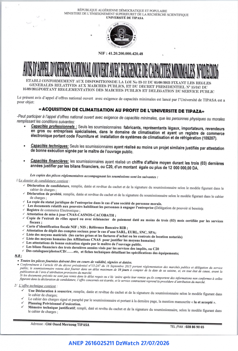 AVIS D’APPEL D’OFFRES NATIONAL OUVERT AVEC EXIGENCE DE CAPACITES MINIMALES