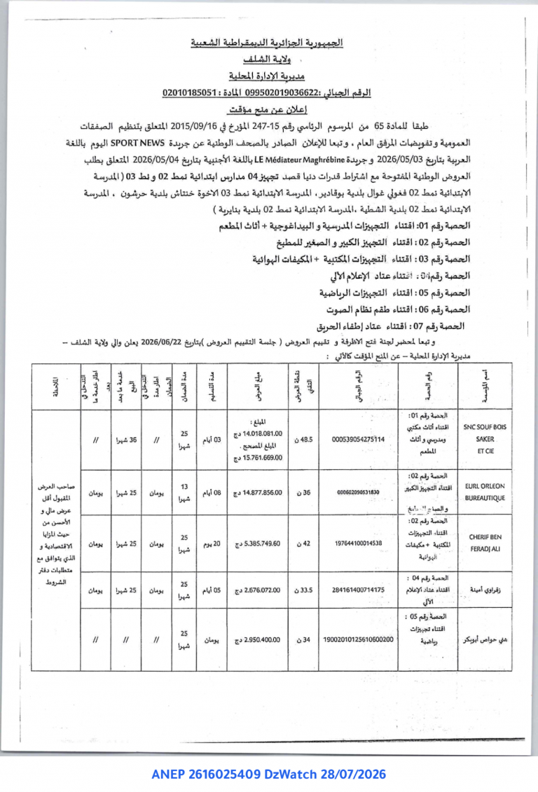 إعلان عن منح مؤقت