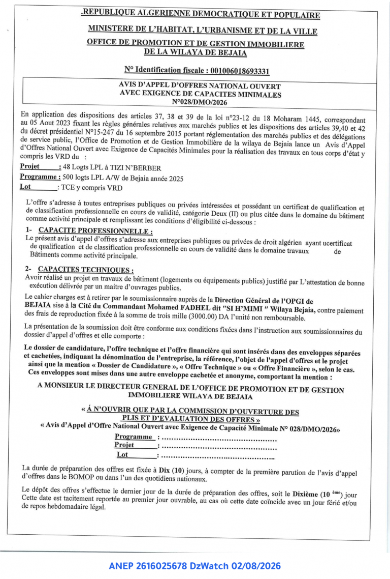 AVIS D’APPEL D’OFFRES NATIONAL OUVERT AVEC EXIGENCE DE CAPACITES MINIMALES