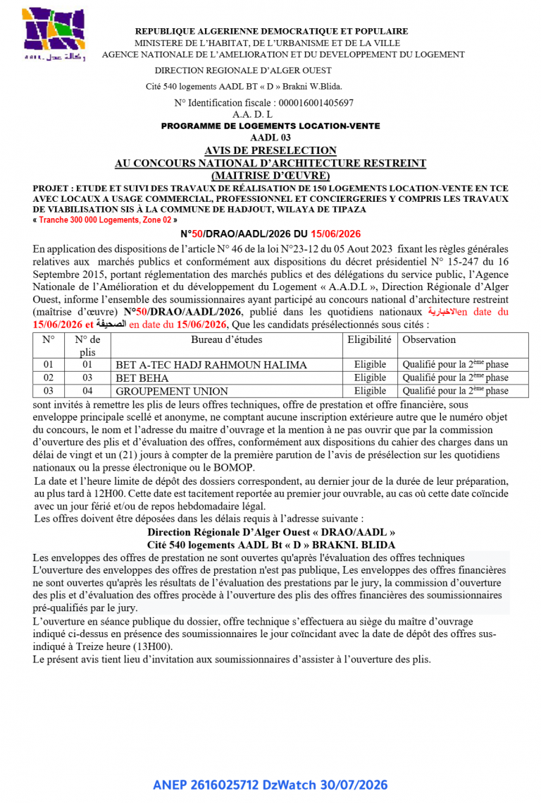 AVIS DE PRESELECTION