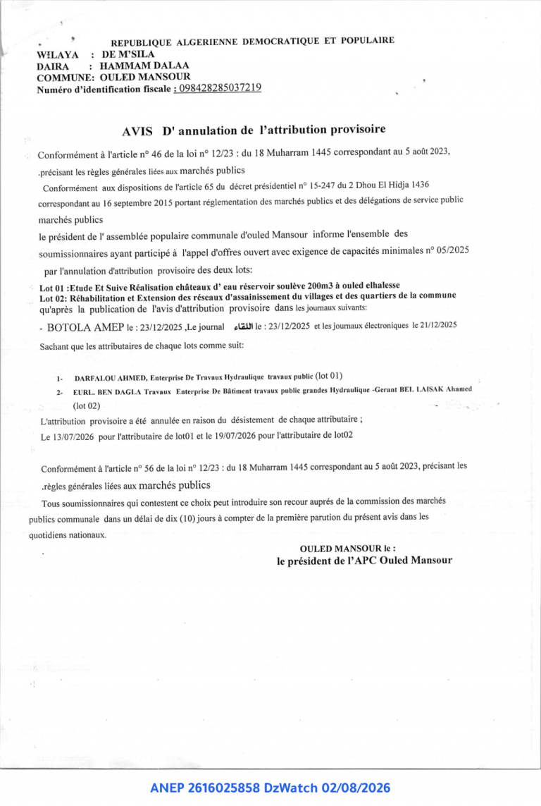 AVIS D’annulation de l’attribution provisoire