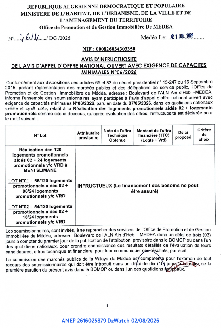 AVIS D’INFRUCTUOSITE