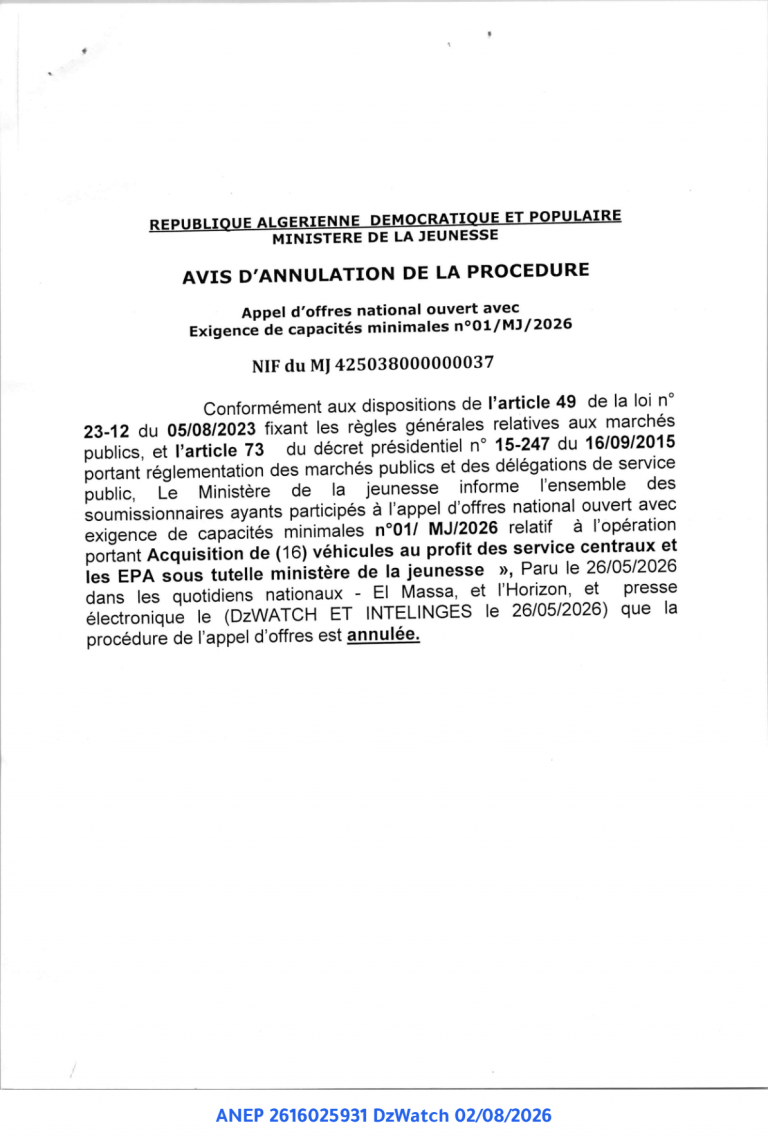 AVIS D’ANNULATION DE LA PROCEDURE