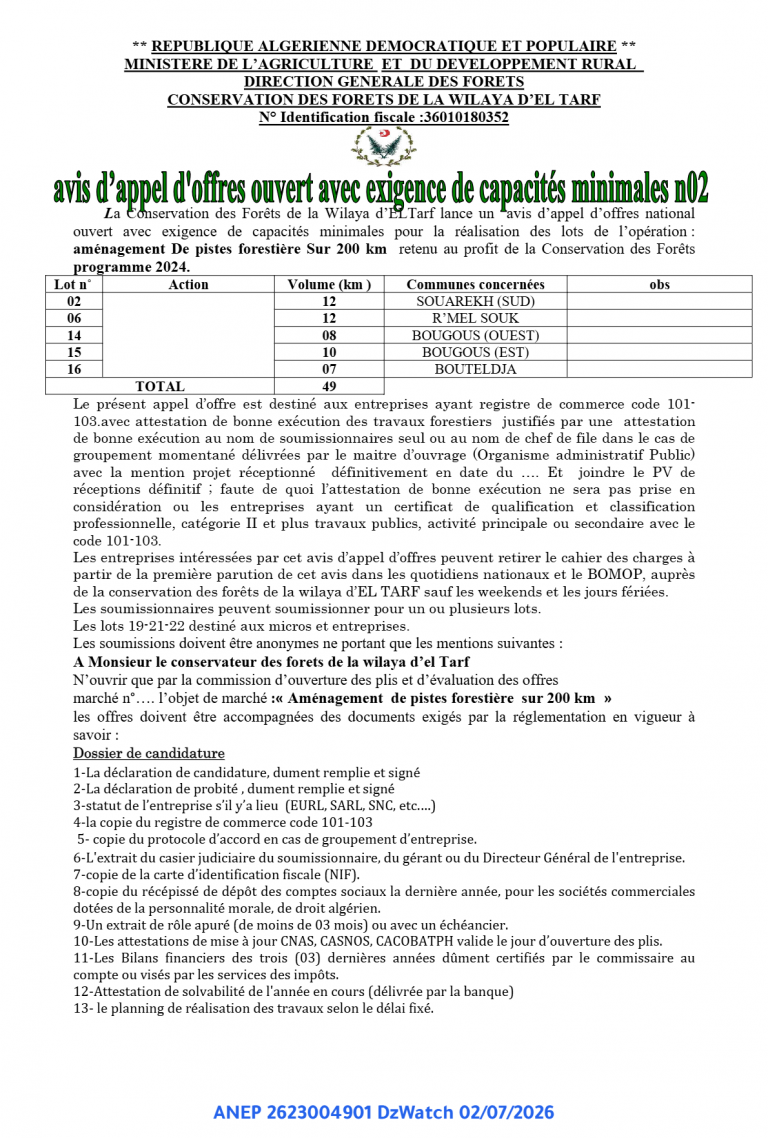 avis d’appel d’offres ouvert avec exigence de capacités minimales n02