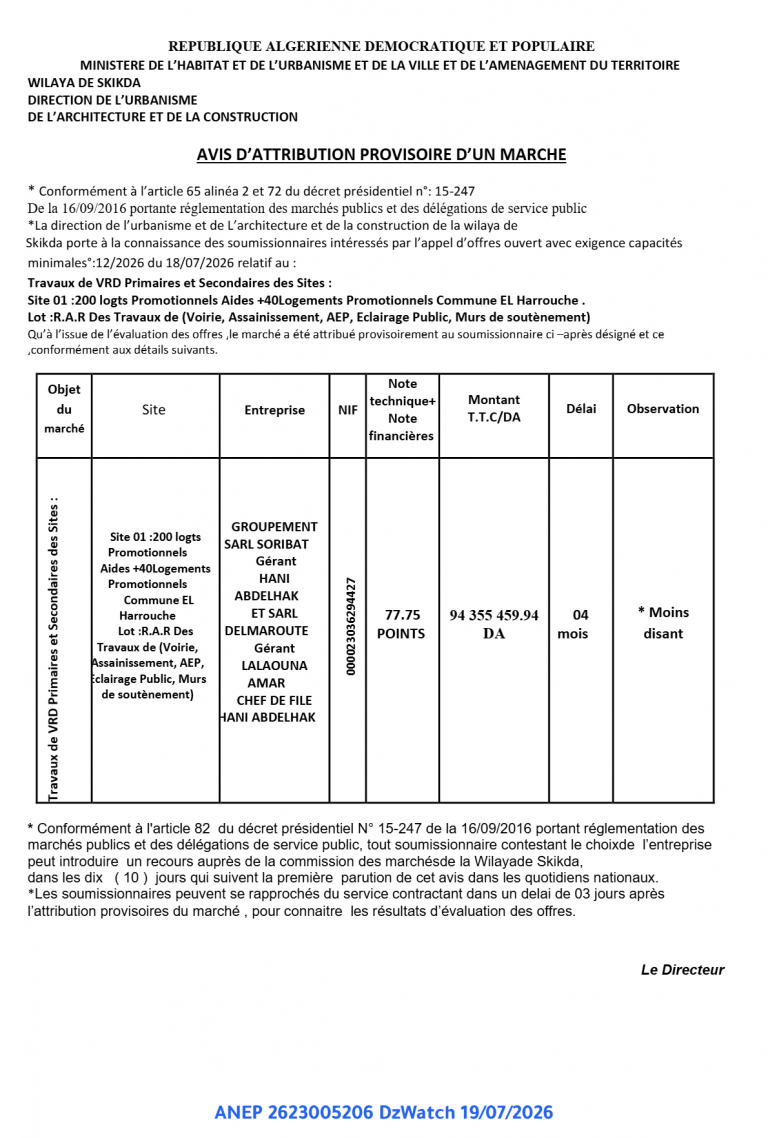 AVIS D’ATTRIBUTION PROVISOIRE D’UN MARCHE