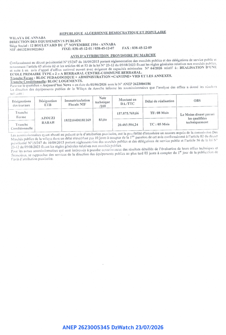 AVIS D’ATTRIBUTION PROVISOIRE DU MARCHE