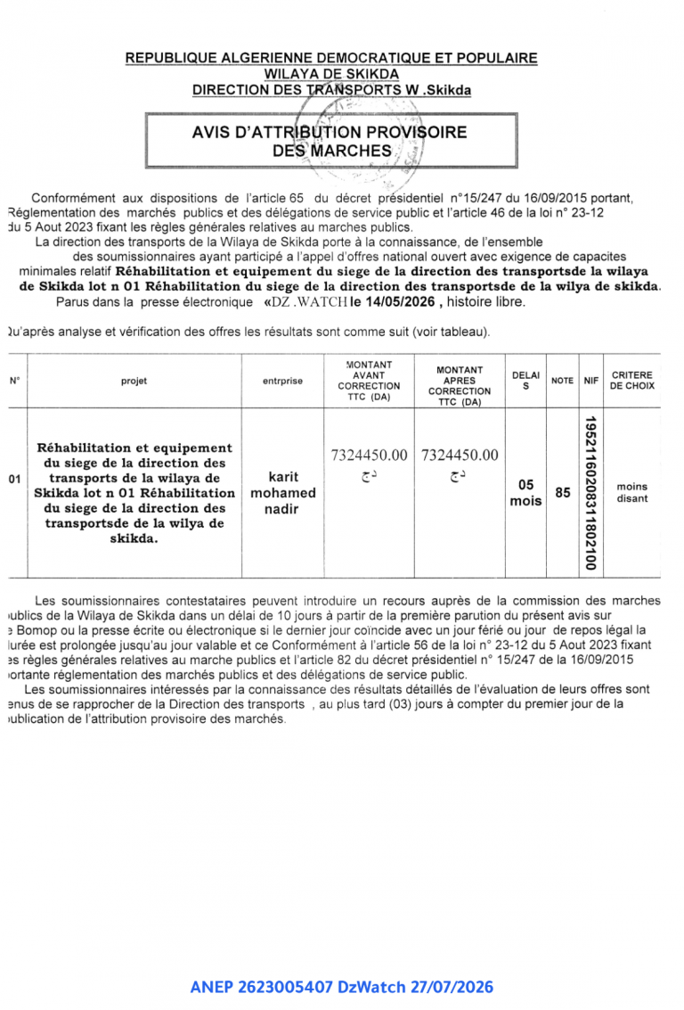 AVIS D’ATTRIBUTION PROVISOIRE DES MARCHES
