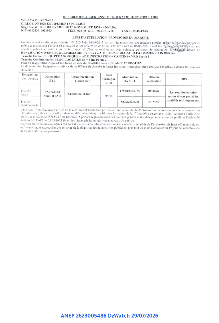 AVIS D’ATTRIBUTION PROVISOIRE DU MARCHE