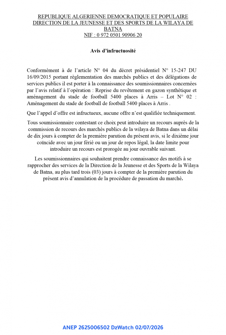 Avis d’infructuosité