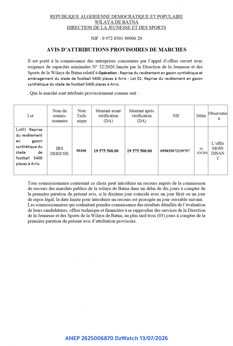 AVIS D’ATTRIBUTIONS PROVISOIRES DE MARCHES